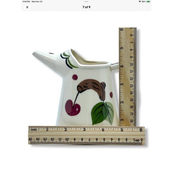 Vtg Cherry Branch Watering Can Pitcher Calif Ceramic Hand Painted 16oz MCM - Picture 7 of 9